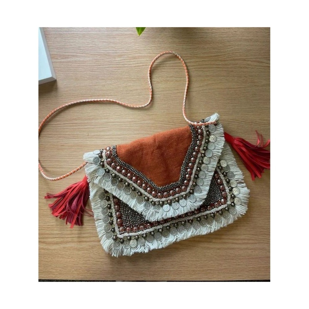 Shashi Leela Clutch Purse Women OS Orange Excellent Fringe Coin Boho Crossbody